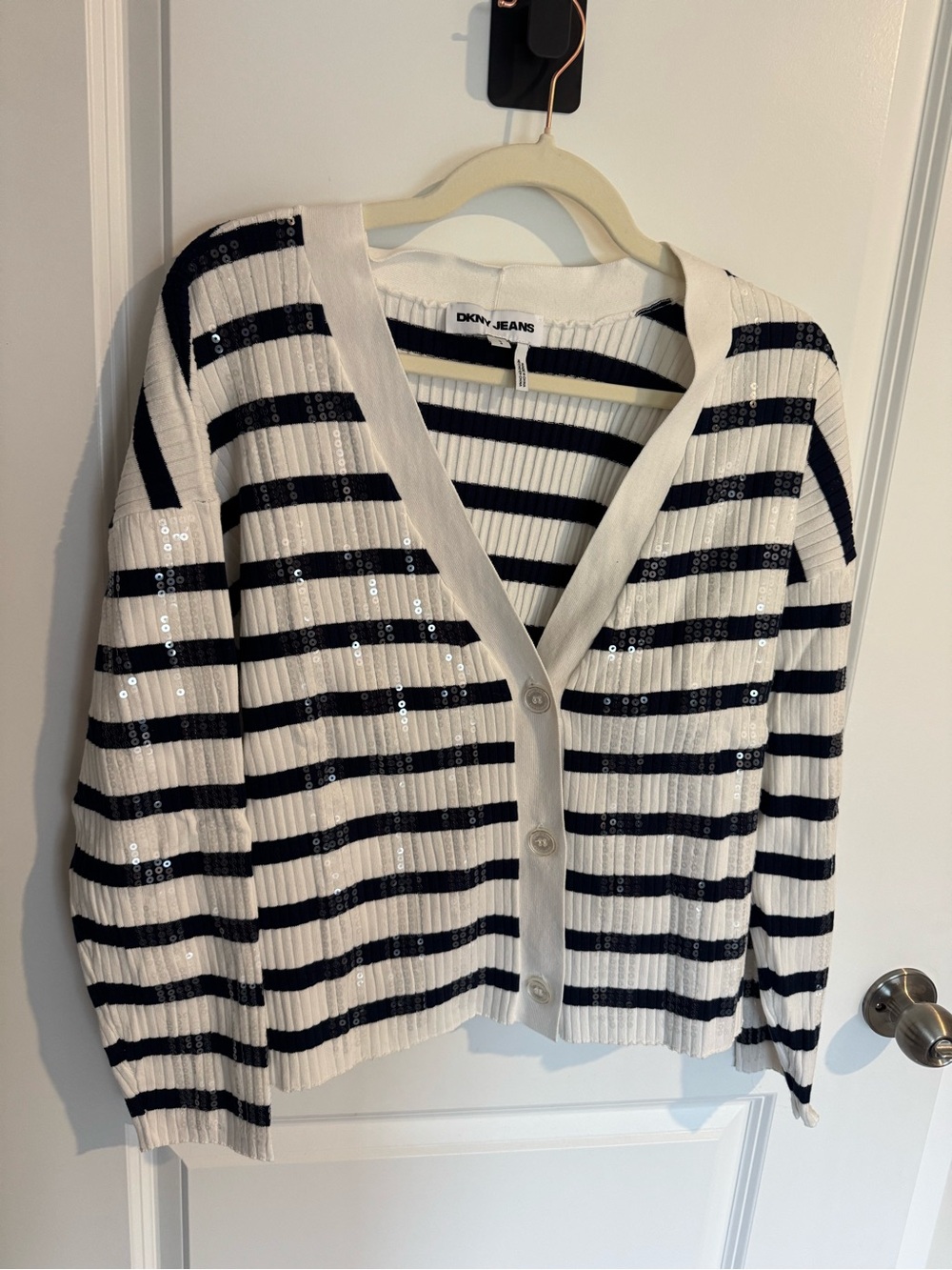 DKNY Jeans Sequin & Stripe V-Neck Boxy Cardigan Sweater Size Large NWT